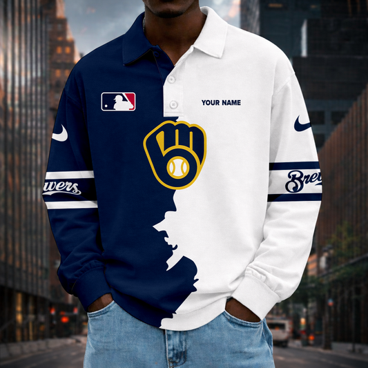 LIMITED EDITION - NEW CUSTOMIZED MLB15 MBS MILWAUKEE BREWERS MEN LONG SLEEVE POLO