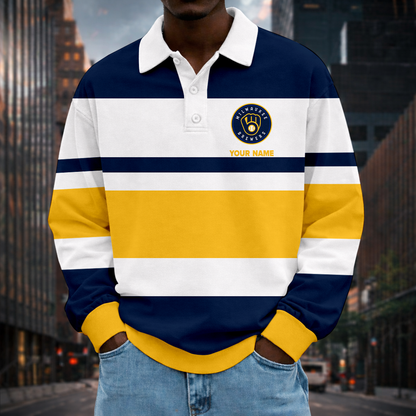 LIMITED EDITION - NEW CUSTOMIZED MLB15 MBS MILWAUKEE BREWERS MEN LONG SLEEVE POLO