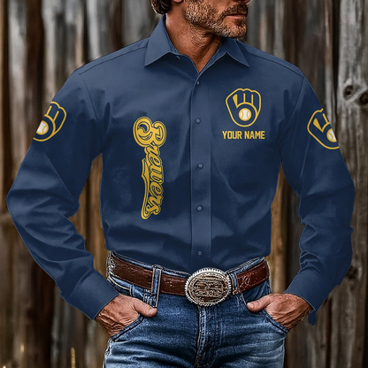 LIMITED EDITION - NEW CUSTOMIZED MLB15 MBS MILWAUKEE BREWERS MEN'S LONG SLEEVE BUTTON-UP SHIRT