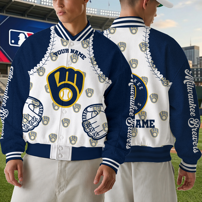 LIMITED EDITION - NEW CUSTOMIZED MLB15 MBS MILWAUKEE BREWERS SATIN VARSITY & BASEBALL JACKET