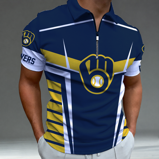 LIMITED EDITION - NEW CUSTOMIZED MLB15 MBS MILWAUKEE BREWERS ZIP POLO SHIRT