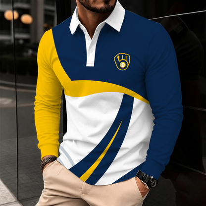 [FLASH SALE] NEW CUSTOMIZED MLB15 MBS MILWAUKEE BREWERS MEN'S LONG SLEEVE POLO