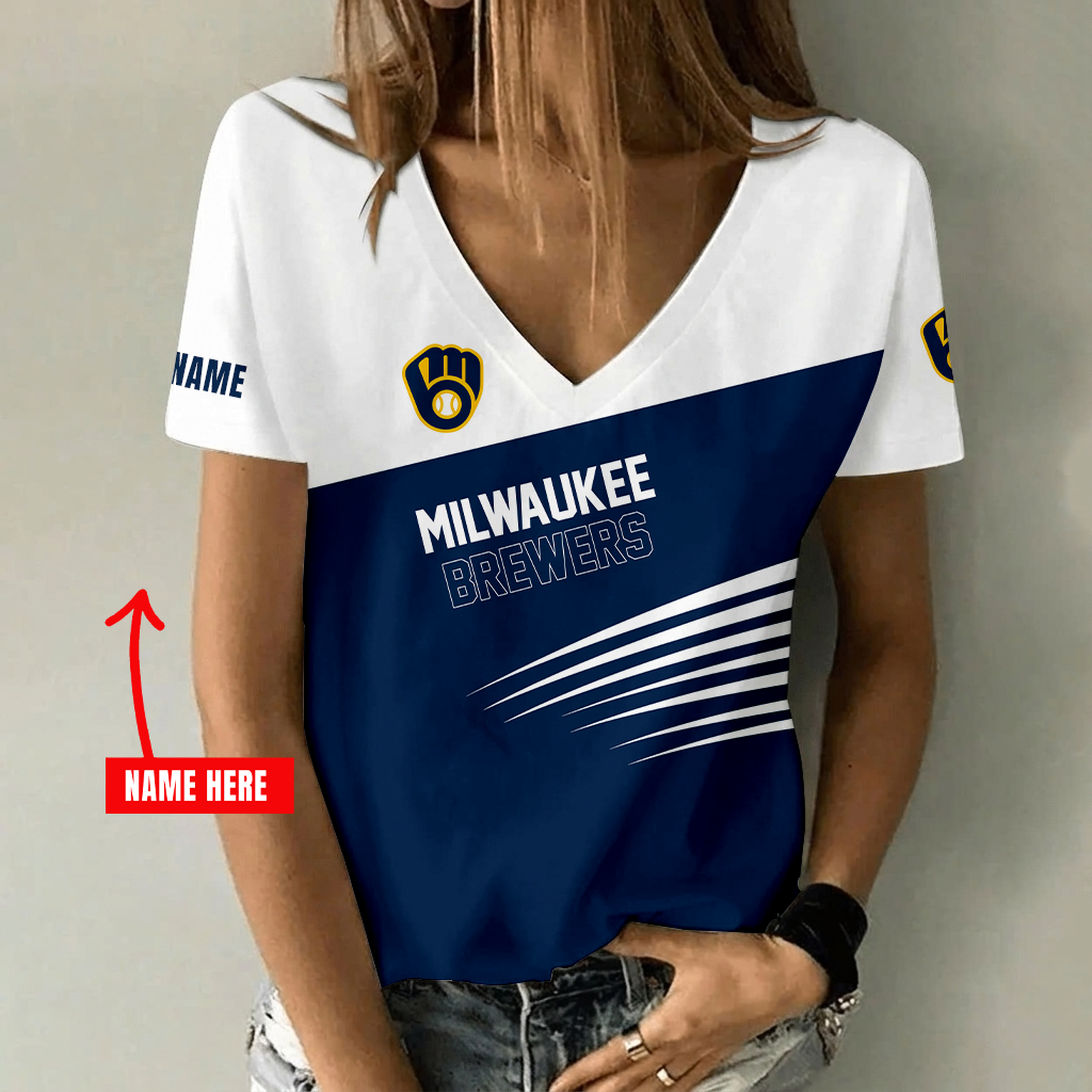 [FLASH SALE] NEW CUSTOMIZED MLB15 MBS MILWAUKEE BREWERS V-NECK FEMALE SHIRT