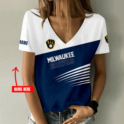 [FLASH SALE] NEW CUSTOMIZED MLB15 MBS MILWAUKEE BREWERS V-NECK FEMALE SHIRT
