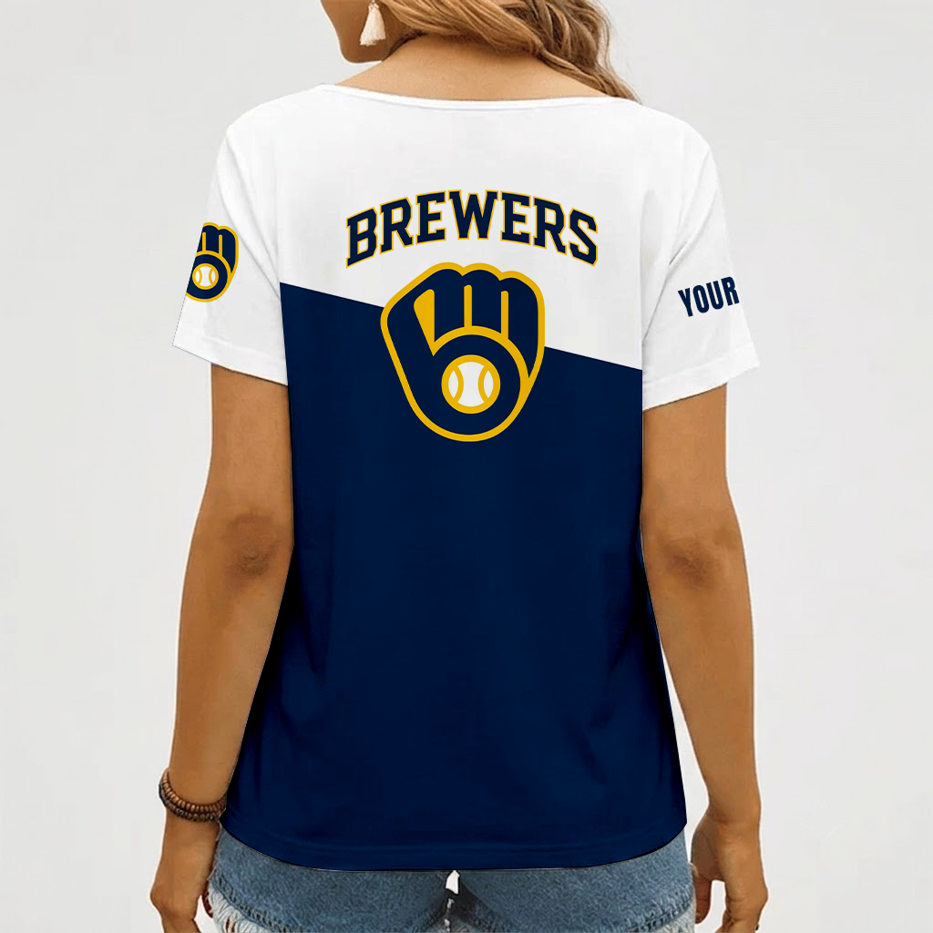 [FLASH SALE] NEW CUSTOMIZED MLB15 MBS MILWAUKEE BREWERS V-NECK FEMALE SHIRT