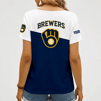 [FLASH SALE] NEW CUSTOMIZED MLB15 MBS MILWAUKEE BREWERS V-NECK FEMALE SHIRT