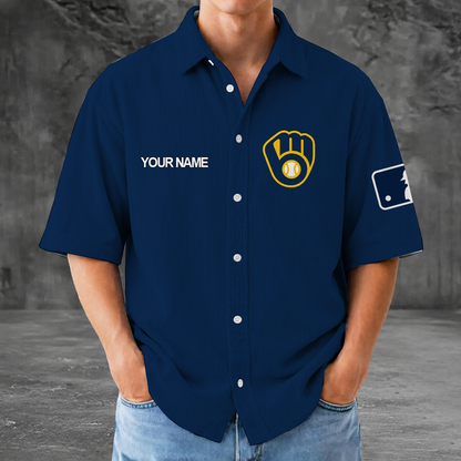 [FLASH SALE] NEW CUSTOMIZED MLB15 MBS MILWAUKEE BREWERS SEERSUCKER BUTTON SHIRT
