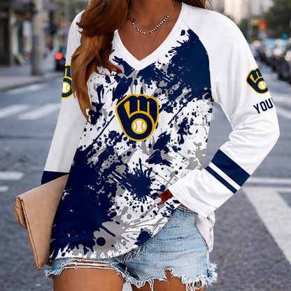 [FLASH SALE] NEW CUSTOMIZED MLB15 MBS MILWAUKEE BREWERS WOMEN'S V-NECK LONG SLEEVED SHIRT