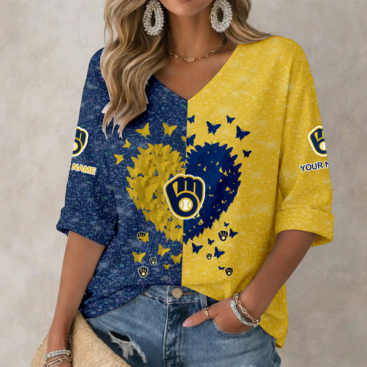LIMITED EDITION - NEW CUSTOMIZED MLB15 MBS MILWAUKEE BREWERS WOMEN'S HEART V-NECK LONG SLEEVE SHIRT