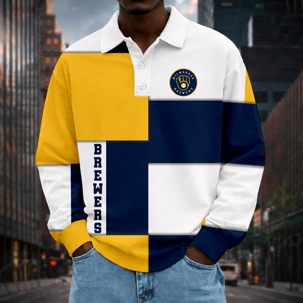 LIMITED EDITION - NEW CUSTOMIZED MLB15 MBS MILWAUKEE BREWERS MEN LONG SLEEVE POLO