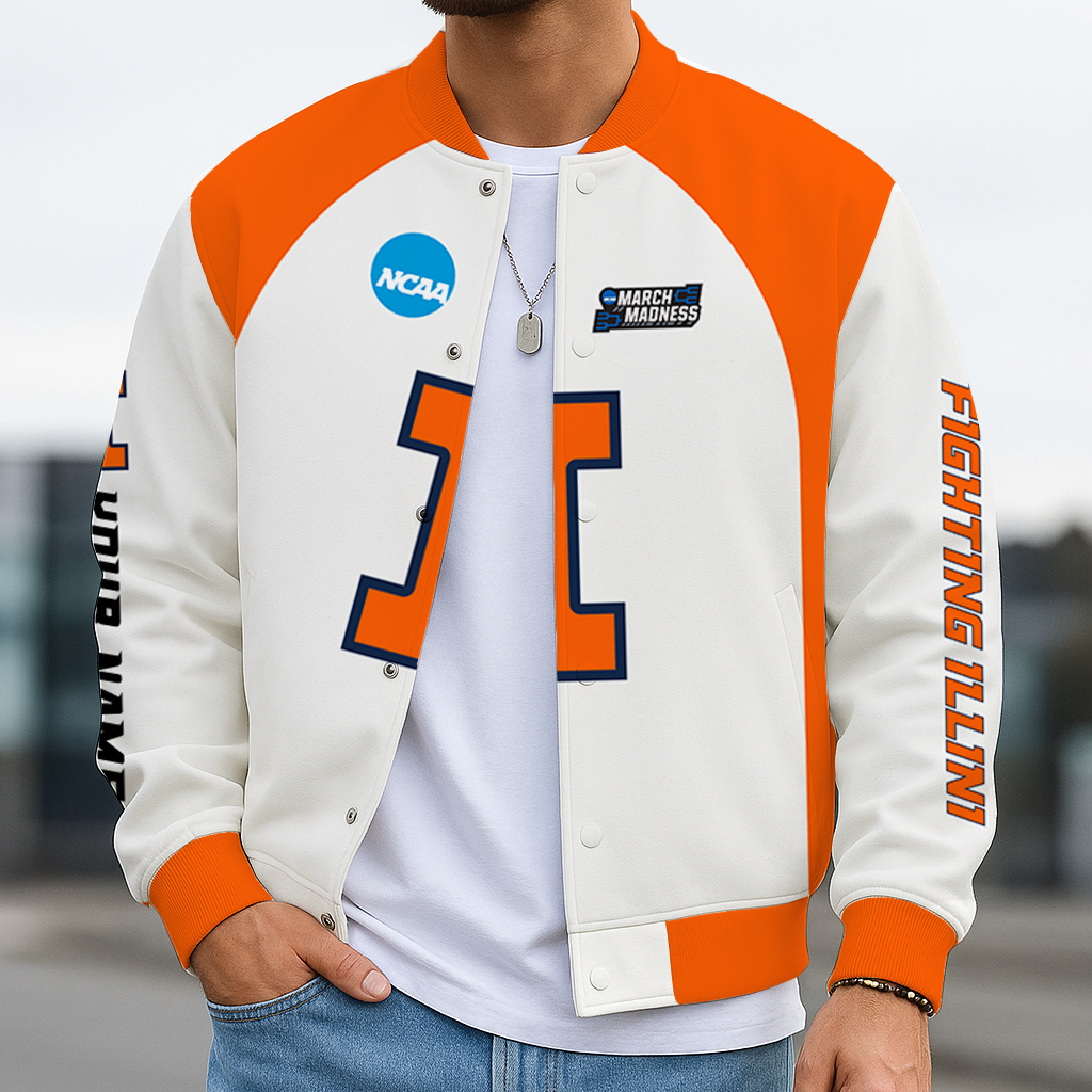 LIMITED EDITION - NEW CUSTOMIZED NCAA MAM15 IFI ILLINOIS FIGHTING ILLINI BASEBALL JACKET, SATIN VARSITY JACKET
