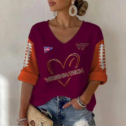 ELITE EDITION - NEW CUSTOMIZED NCAA FBS15 VTH VIRGINIA TECH HOKIES WOMEN'S HEART V-NECK LONG SLEEVE SHIRT