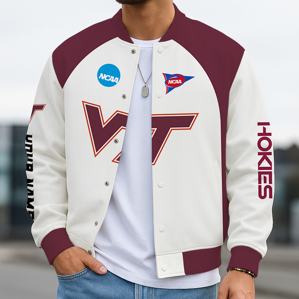 LIMITED EDITION - NEW CUSTOMIZED NCAA FBS15 VTH VIRGINIA TECH HOKIES BASEBALL JACKET, SATIN VARSITY JACKET