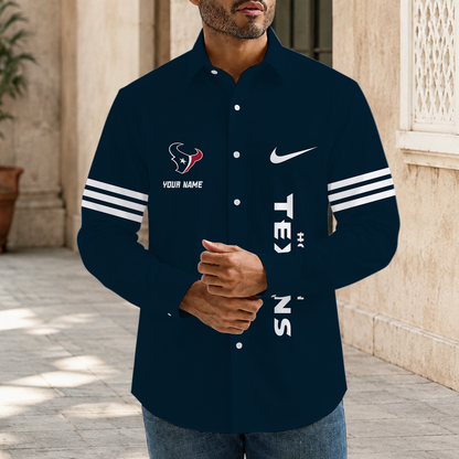 [SPECIAL OFFER] NEW CUSTOMIZED NFL15 HTT HOUSTON TEXANS MEN'S LONG SLEEVE BUTTON-UP SHIRT