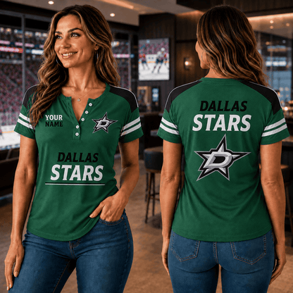 SPECIAL EDITION - NEW CUSTOMIZED NHL15 DLS DALLAS STARS WOMEN'S SHORT SLEEVE HENLEY T-SHIRT