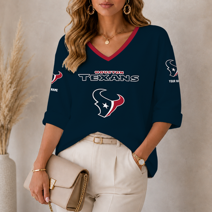 [SPECIAL OFFER] NEW CUSTOMIZED NFL15 HTT HOUSTON TEXANS WOMEN'S HEART V-NECK LONG SLEEVE SHIRT
