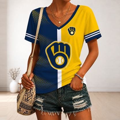 LIMITED EDITION - NEW CUSTOMIZED MLB15 MBS MILWAUKEE BREWERS V-NECK FEMALE SHIRT