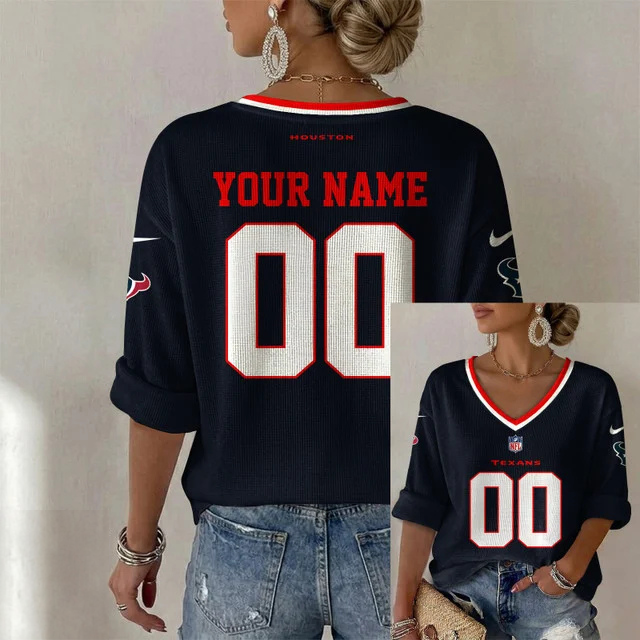 ELITE EDITION - NEW CUSTOMIZED NFL15 HTT HOUSTON TEXANS WOMEN'S HEART V-NECK LONG SLEEVE SHIRT