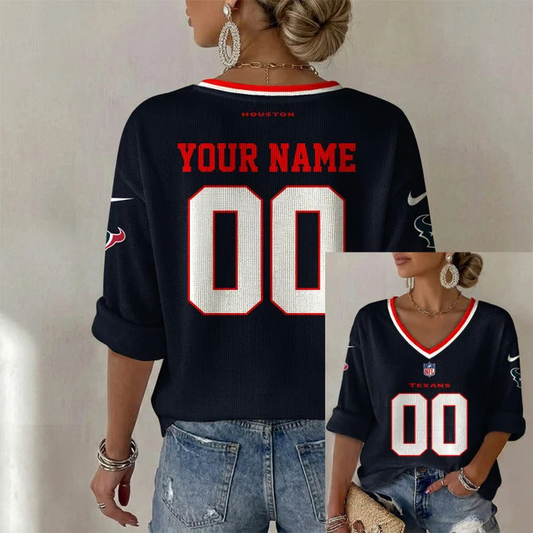 ELITE EDITION - NEW CUSTOMIZED NFL15 HTT HOUSTON TEXANS WOMEN'S HEART V-NECK LONG SLEEVE SHIRT