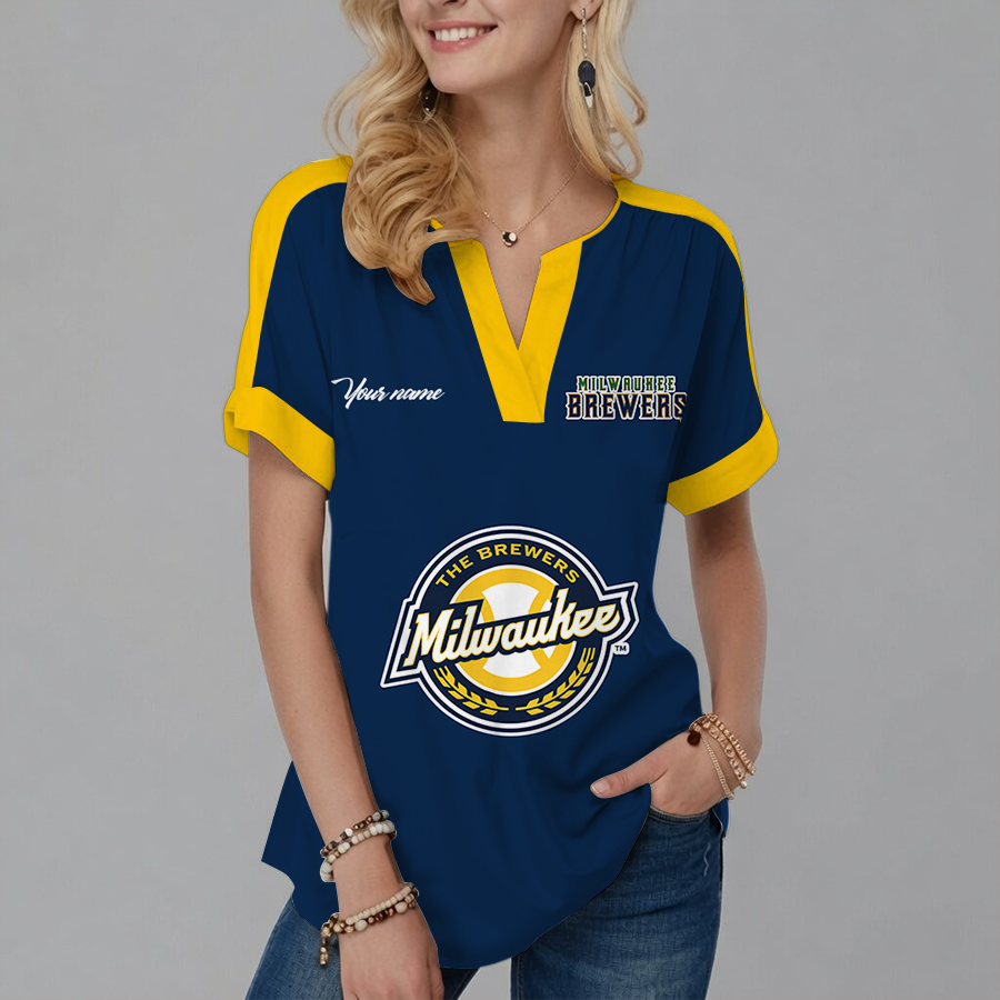 [FLASH SALE] NEW CUSTOMIZED MLB15 MBS MILWAUKEE BREWERS V-NECK FEMALE SHIRT