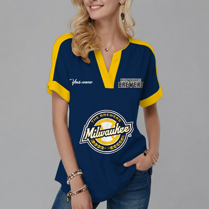 [FLASH SALE] NEW CUSTOMIZED MLB15 MBS MILWAUKEE BREWERS V-NECK FEMALE SHIRT