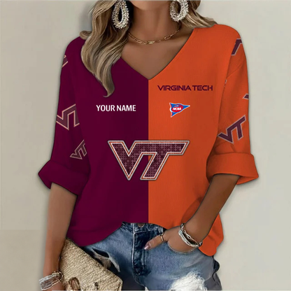 ELITE EDITION - NEW CUSTOMIZED NCAA FBS15 VTH VIRGINIA TECH HOKIES WOMEN'S HEART V-NECK LONG SLEEVE SHIRT