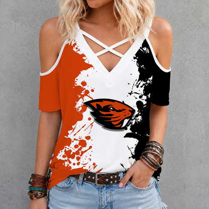 [FAN FAVORITE] NEW CUSTOMIZED NCAA CWS15 OGB OREGON STATE BEAVERS CRISS CROSS V-NECK TOP