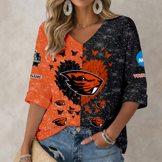 LIMITED EDITION - NEW CUSTOMIZED NCAA CWS15 OGB OREGON STATE BEAVERS WOMEN'S HEART V-NECK LONG SLEEVE SHIRT