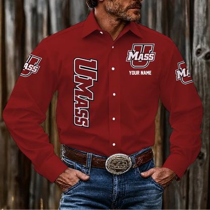 EXCLUSIVE EDITION - NEW CUSTOMIZED NCAA CFH15 UMM UMASS MINUTEWOMEN MEN'S LONG SLEEVE BUTTON-UP SHIRT