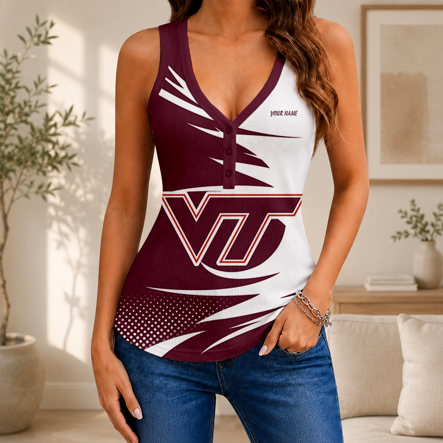 [FAN FAVORITE] NEW CUSTOMIZED NCAA FBS15 VTH VIRGINIA TECH HOKIES WOMEN'S V-NECK TANK TOP