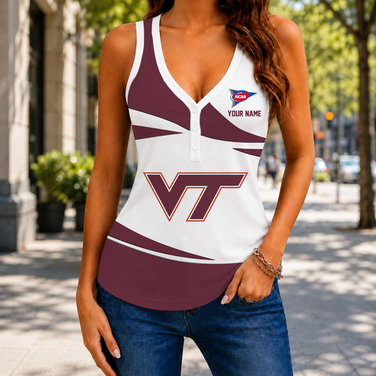 LIMITED EDITION - NEW CUSTOMIZED NCAA FBS15 VTH VIRGINIA TECH HOKIES WOMEN'S V-NECK TANK TOP