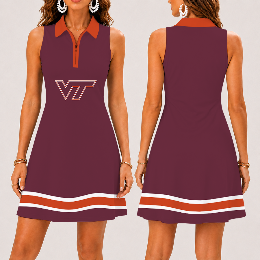 [FAN FAVORITE] NEW CUSTOMIZED NCAA FBS15 VTH VIRGINIA TECH HOKIES WOMEN'S ZIP SLEEVELESS POLO DRESS