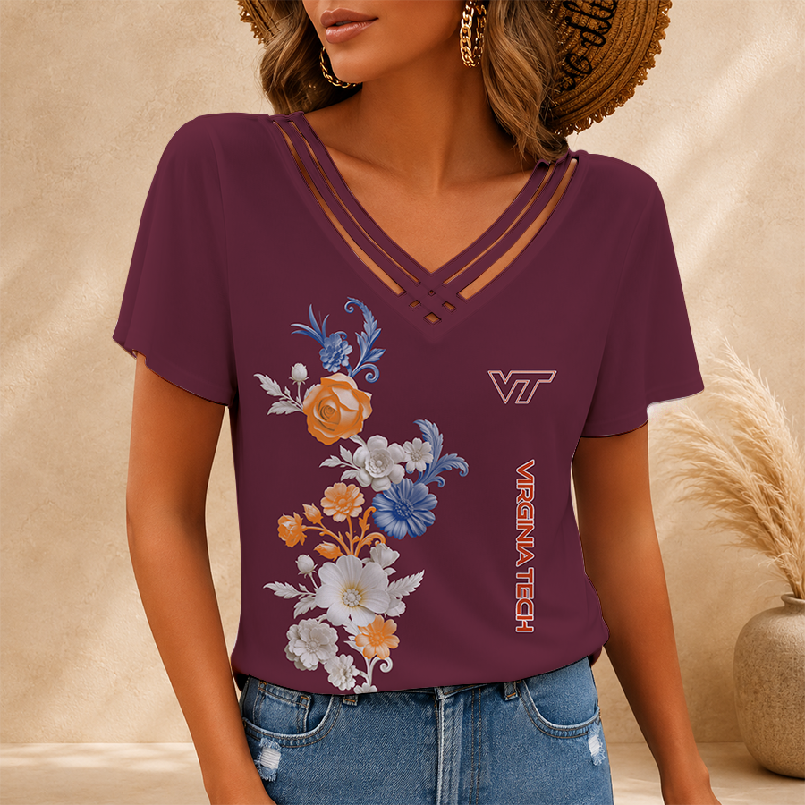 [FAN FAVORITE] NEW CUSTOMIZED NCAA FBS15 VTH VIRGINIA TECH HOKIES V-NECK SHIRT