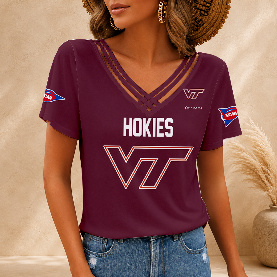 [FAN FAVORITE] NEW CUSTOMIZED NCAA FBS15 VTH VIRGINIA TECH HOKIES V-NECK SHIRT