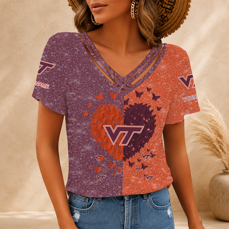 [FAN FAVORITE] NEW CUSTOMIZED NCAA FBS15 VTH VIRGINIA TECH HOKIES V-NECK SHIRT