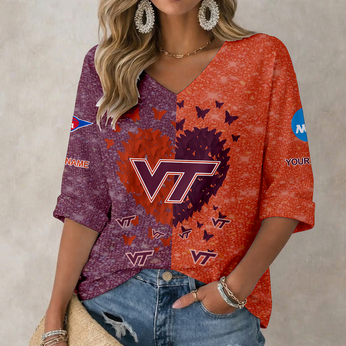 LIMITED EDITION - NEW CUSTOMIZED NCAA FBS15 VTH VIRGINIA TECH HOKIES WOMEN'S HEART V-NECK LONG SLEEVE SHIRT