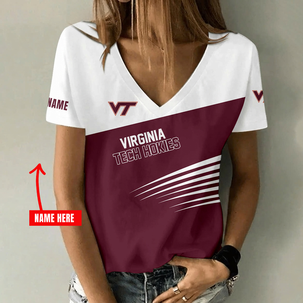 [FAN FAVORITE] NEW CUSTOMIZED NCAA FBS15 VTH VIRGINIA TECH HOKIES V-NECK FEMALE SHIRT