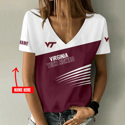 [FAN FAVORITE] NEW CUSTOMIZED NCAA FBS15 VTH VIRGINIA TECH HOKIES V-NECK FEMALE SHIRT
