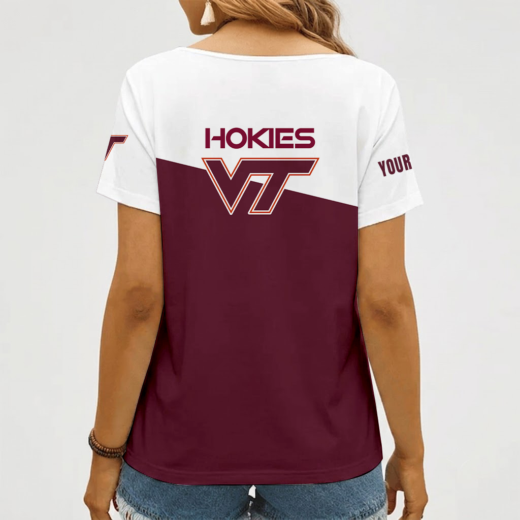 [FAN FAVORITE] NEW CUSTOMIZED NCAA FBS15 VTH VIRGINIA TECH HOKIES V-NECK FEMALE SHIRT