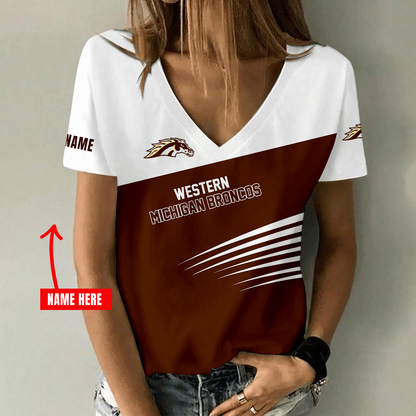 [FAN FAVORITE] NEW CUSTOMIZED NCAA MFF15 WMB WESTERN MICHIGAN BRONCOS V-NECK FEMALE SHIRT