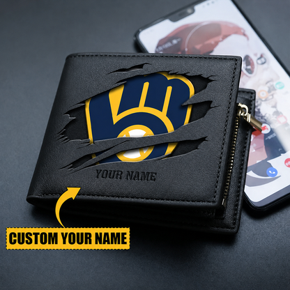 LIMITED EDITION - NEW CUSTOMIZED MLB15 MBS MILWAUKEE BREWERS LEATHER WALLET