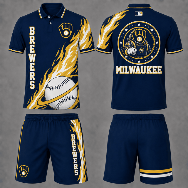 [FLASH SALE] NEW CUSTOMIZED MLB15 MBS MILWAUKEE BREWERS POLO SHIRT & SHORT PANTS SET