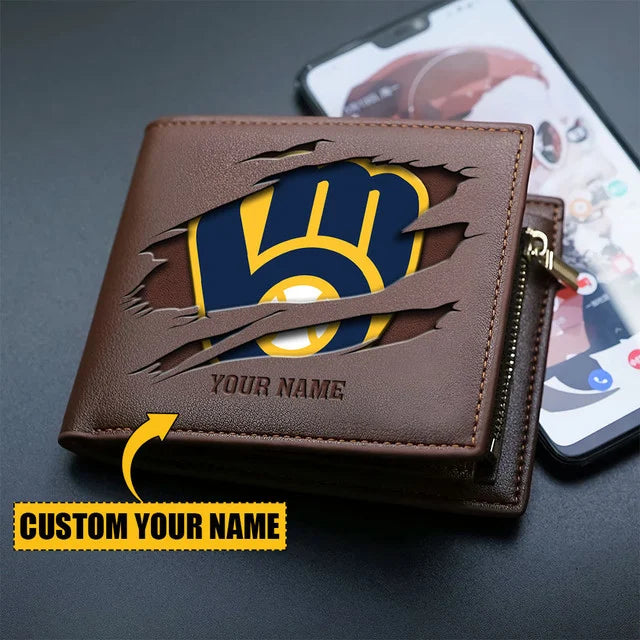 LIMITED EDITION - NEW CUSTOMIZED MLB15 MBS MILWAUKEE BREWERS LEATHER WALLET