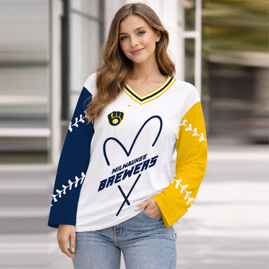 LIMITED EDITION - NEW CUSTOMIZED MLB15 MBS MILWAUKEE BREWERS WOMEN'S HEART V-NECK LONG SLEEVE SHIRT