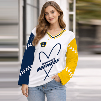 LIMITED EDITION - NEW CUSTOMIZED MLB15 MBS MILWAUKEE BREWERS WOMEN'S HEART V-NECK LONG SLEEVE SHIRT