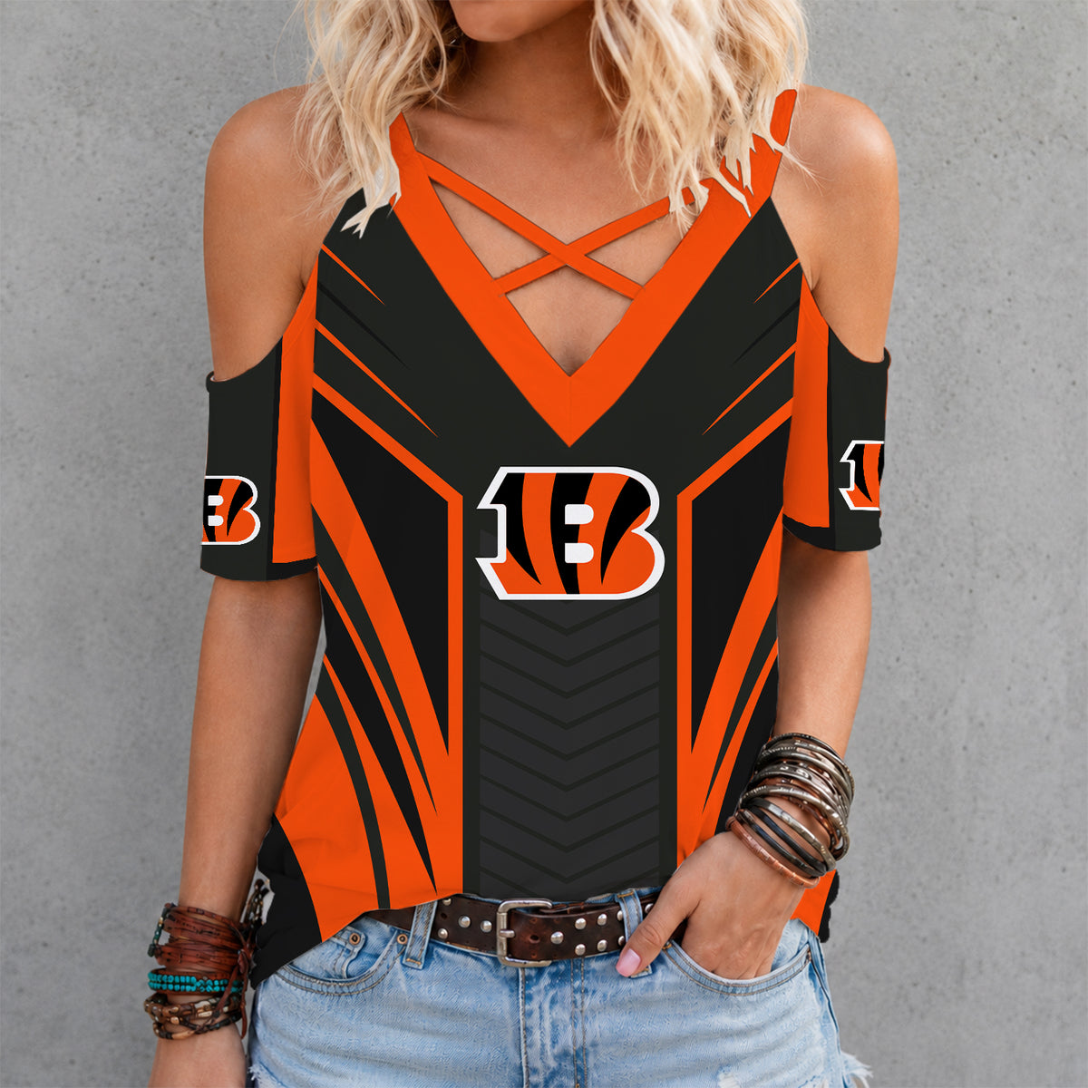 [SPECIAL OFFER] NEW CUSTOMIZED NFL16 CCB CINCINNATI BENGALS CRISS CROSS V-NECK TOP