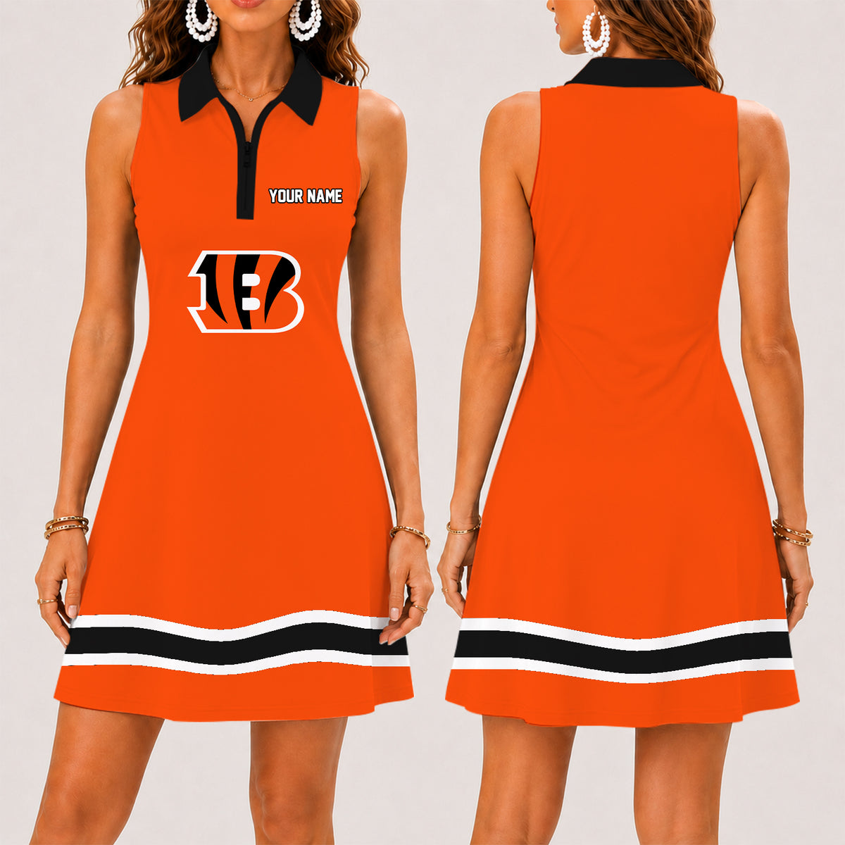 [SPECIAL OFFER] NEW CUSTOMIZED NFL16 CCB CINCINNATI BENGALS WOMEN'S ZIP SLEEVELESS POLO DRESS