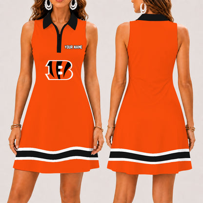 [SPECIAL OFFER] NEW CUSTOMIZED NFL16 CCB CINCINNATI BENGALS WOMEN'S ZIP SLEEVELESS POLO DRESS