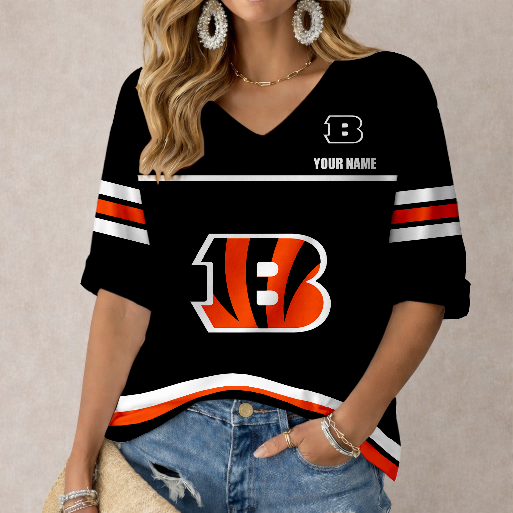 LIMITED EDITION - NEW CUSTOMIZED NFL16 CCB CINCINNATI BENGALS WOMEN'S V-NECK MID-SLEEVE SHIRT