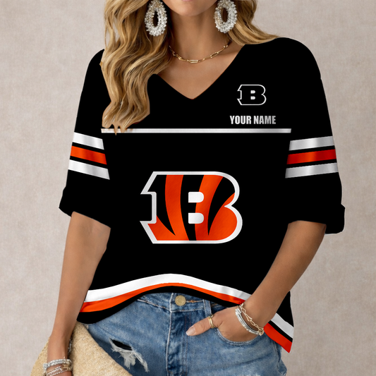 LIMITED EDITION - NEW CUSTOMIZED NFL16 CCB CINCINNATI BENGALS WOMEN'S V-NECK MID-SLEEVE SHIRT